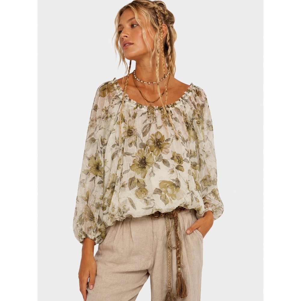 Rosemarine Italy 100% Silk Floral Peasant Blouse Cream Olive Green S NWOT New